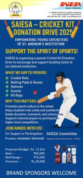Flyer for SAIESA's 2025 Cricket Kit Donation Drive, supporting sports equipment for St. Andrews Institute students