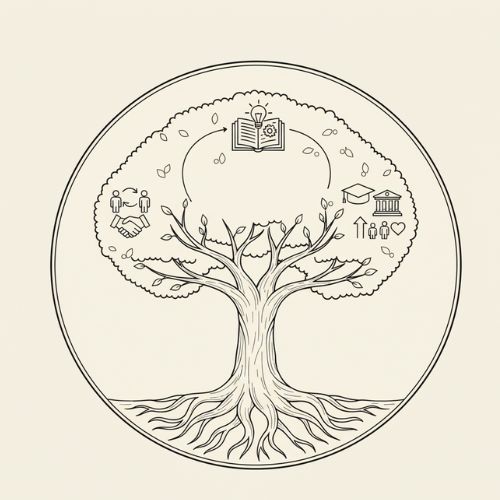 Illustration of a tree with roots and branches, symbolising SAIESA's community, mentorship, and growth values