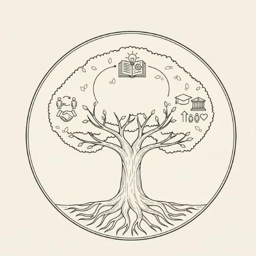 Illustration of a tree with roots and branches, symbolising SAIESA's community, mentorship, and growth values