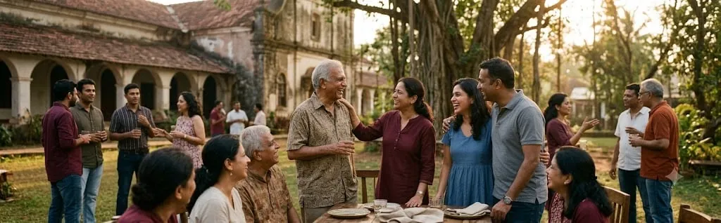 Alumni gathered around a table at a reunion celebration, sharing stories and reconnecting